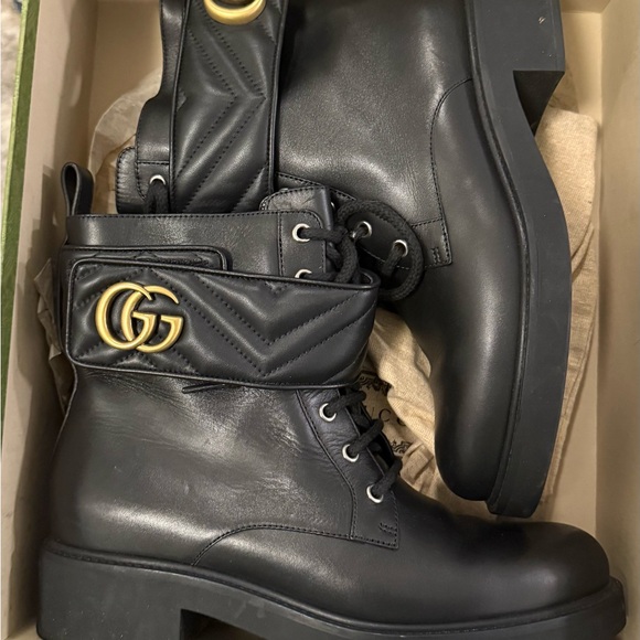 Gucci Black Leather Combat Boots with Gold Logo - Picture 1 of 5